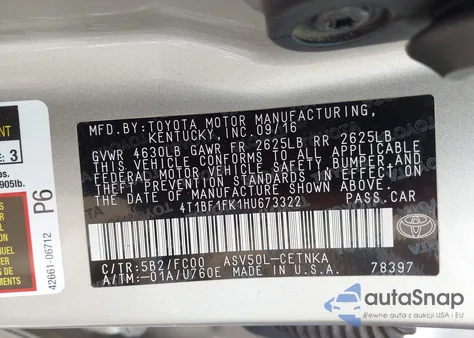 2017 Toyota Camry Le from USA, damaged, VIN 4T1BF1FK1HU673322